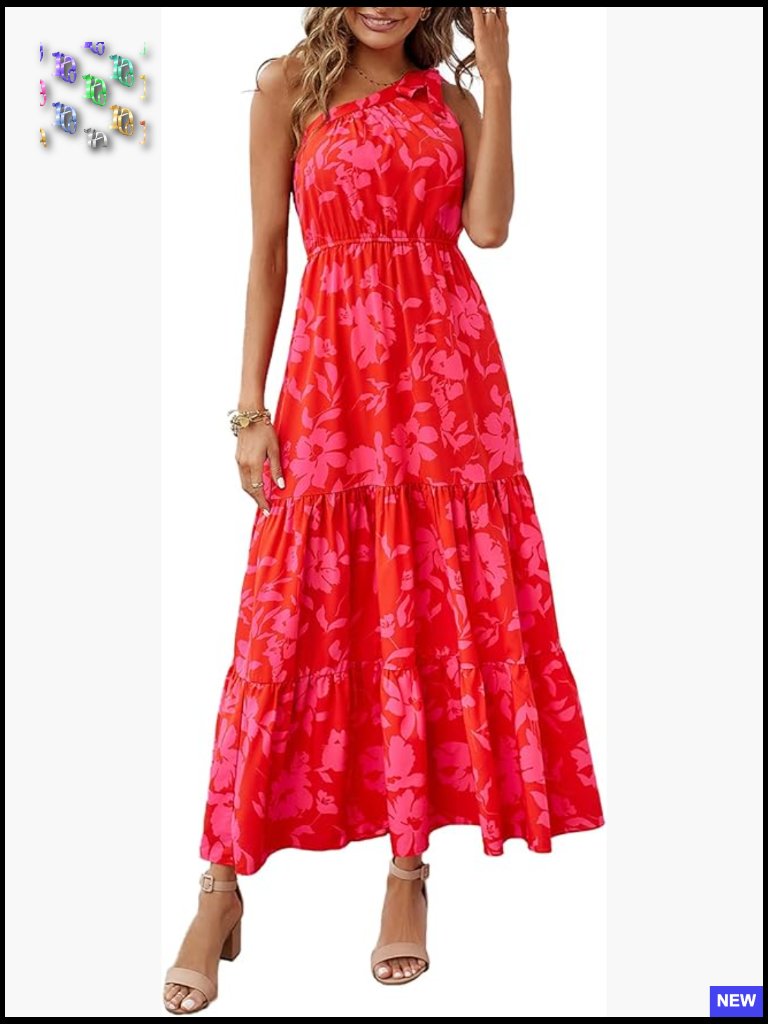 One Shoulder Maxi Dress Floral Boho Ruffle Knot Summer Beach Wedding Guest